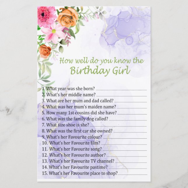 Lámina Flor rosa ¿Qué tan bien conoces al chica de cumple (Anverso)