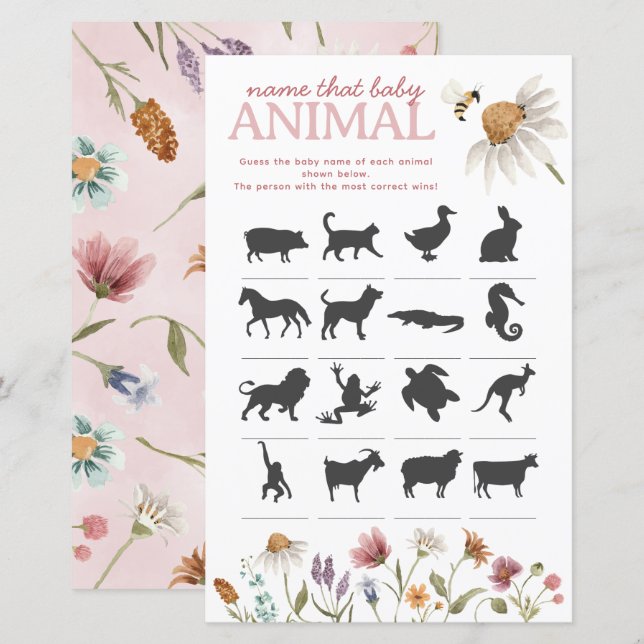 Lámina Flor silvestre Baby Shower nombra el juego del ani (Anverso / Reverso)