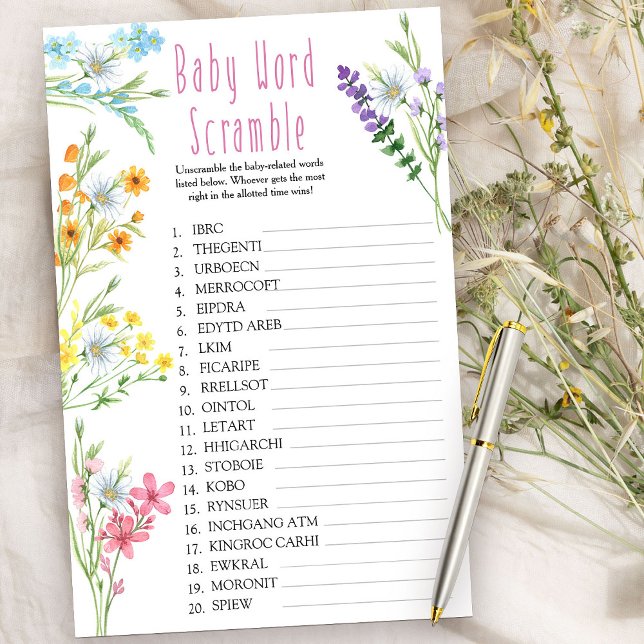 Lámina Flor silvestre pradera bebé palabra grillo ducha j (Baby Shower Game - Baby Word Scramble - from my Wildflower Meadow collection)