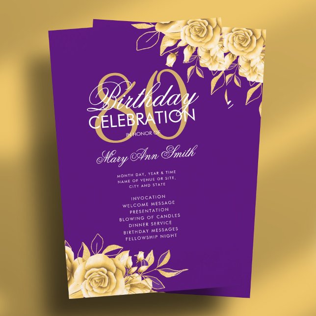 Lámina Floral 80th Birthday Program Gold & Purple con Men (Floral 80th Birthday Program Gold & Purple w/ Menu)