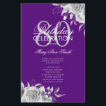 Lámina Floral 80th Birthday Program Plata Púrpura con Men<br><div class="desc">Elegante diseño "Programa de fiesta de cumpleaños" con Arreglo floral en plata con texto personalizado.</div>
