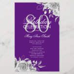 Lámina Floral 80th Birthday Program Plata Púrpura con Men<br><div class="desc">Elegante diseño "Programa de fiesta de cumpleaños" con Arreglo floral en plata con texto personalizado.</div>