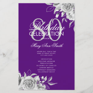 Lámina Floral 80th Birthday Program Plata Púrpura con Men