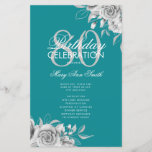 Lámina Floral 80th Birthday Program Plata Verde azulado c<br><div class="desc">Elegante diseño "Programa de fiesta de cumpleaños" con Arreglo floral en plata con texto personalizado.</div>