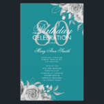 Lámina Floral 80th Birthday Program Plata Verde azulado c<br><div class="desc">Elegante diseño "Programa de fiesta de cumpleaños" con Arreglo floral en plata con texto personalizado.</div>