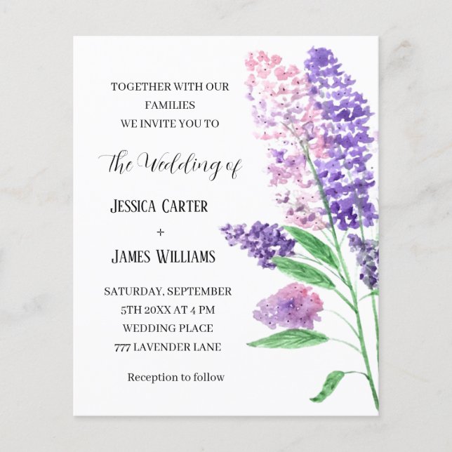 Lámina Floral acuarela de Lilacs Boda Rústica Elegante (Anverso)