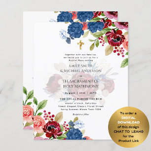 Lámina Floral azul borgoñona católica Boda de misa nupcia