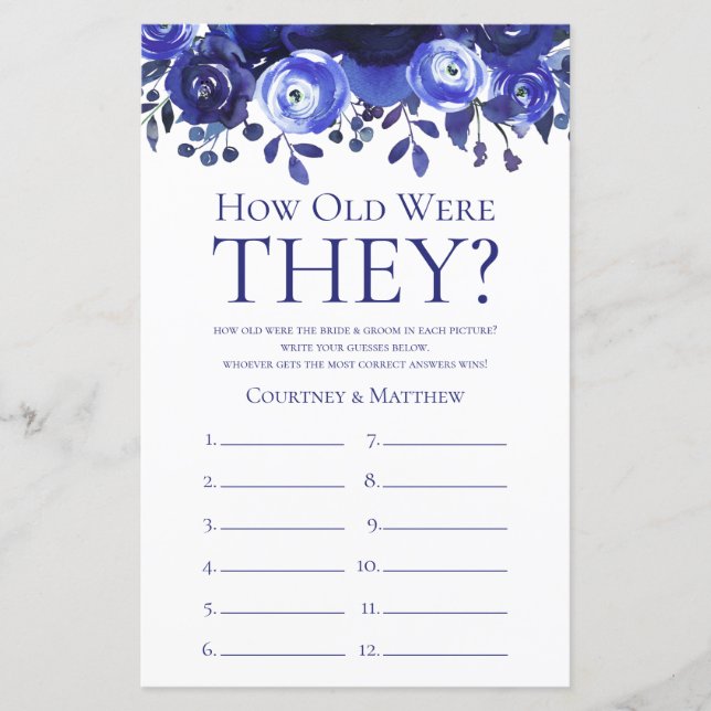 Lámina Floral azul Cuán Viejos Eran Los Juegos De Ducha D (Anverso)