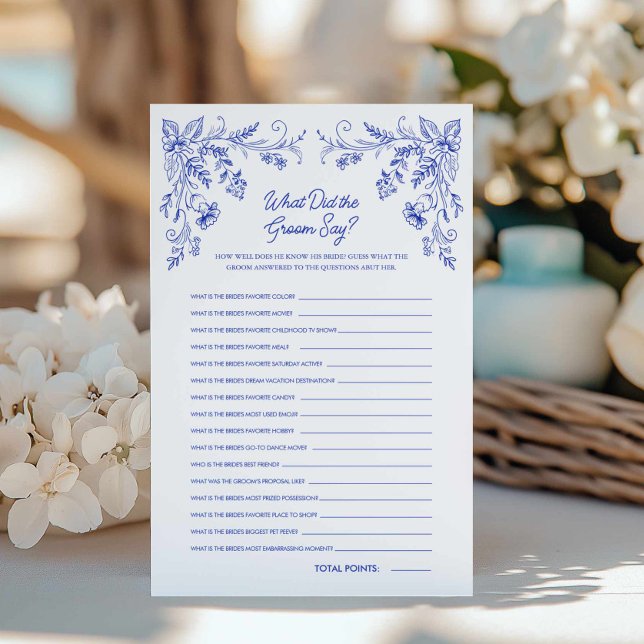 Lámina Floral azul ¿Qué hizo el juego de novias en Groom? (Blue Toile What did the groom say bridal shower game)