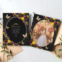Floral Black Gold Butterfly Quinceañera Photo