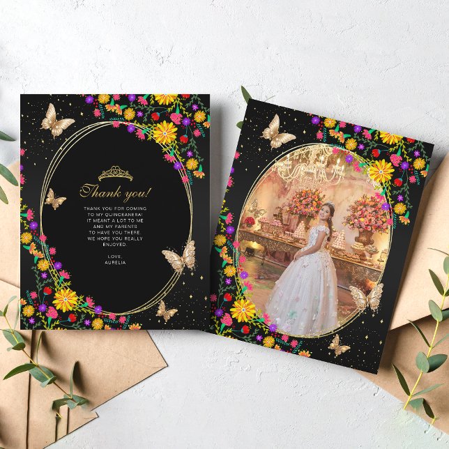Lámina Floral Black Gold Butterfly Quinceañera Photo (Subido por el creador)