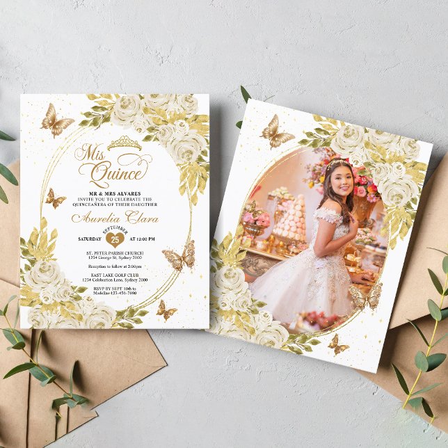 Lámina Floral blanca de oro mariposa foto Quinceañera (Subido por el creador)