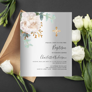 Lámina Floral blanco plateado vegetación cruza el bautism