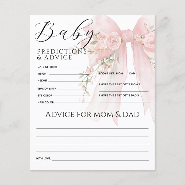 Lámina Floral Bow Elegant Baby Shower Prediction Game (Anverso)