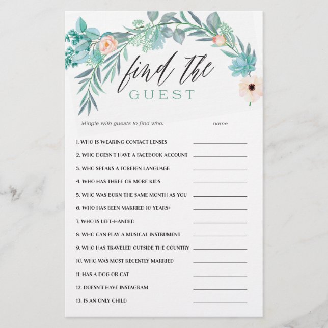 Lámina Floral Bridal Shower Game Find the Guest (Anverso)