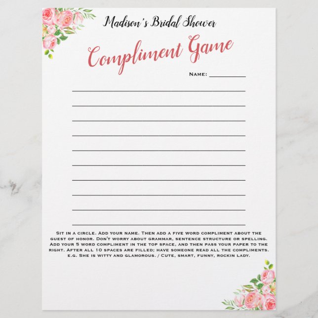 Lámina Floral Bridal Shower Icebreaker 💕 5 Word Diversió (Anverso)