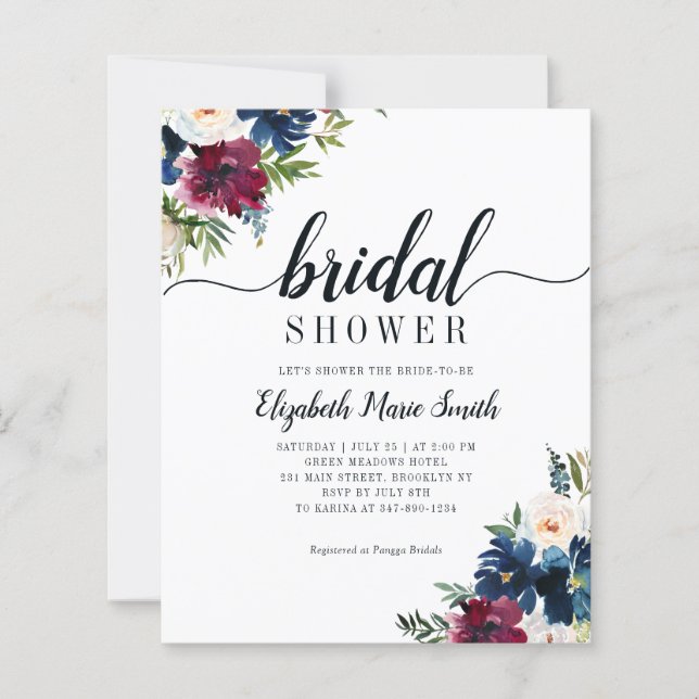 Lámina Floral Bridal Shower Navy Blue Burgundy Invitación (Anverso)