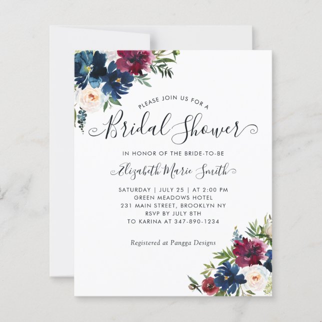 Lámina Floral Bridal Shower Navy Blue Burgundy Invitación (Anverso)