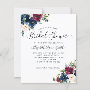 Lámina Floral Bridal Shower Navy Blue Burgundy Invitación