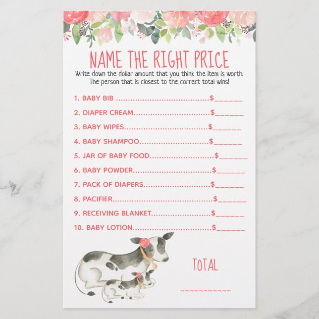 Lámina Floral Dairy Cow Farm nombra el juego Price Shower (Anverso)