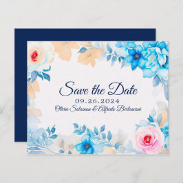 Lámina Floral de acuarela azul oceánica Guardar la fecha