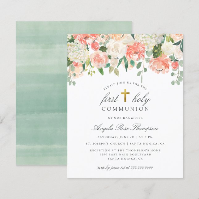 Lámina Floral de acuarela de presupuesto Primera comunión (Anverso / Reverso)