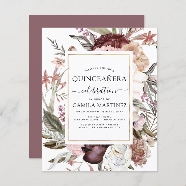 Lámina Floral de Boho Borgoña Quinceañera (Anverso / Reverso)
