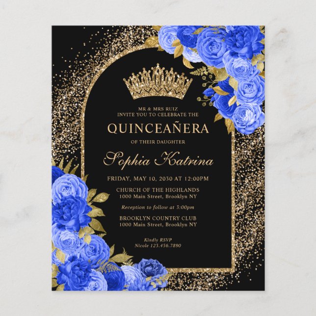 Lámina Floral de oro azul real negro Quinceanera (Anverso)