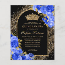 Floral de oro azul real negro Quinceanera