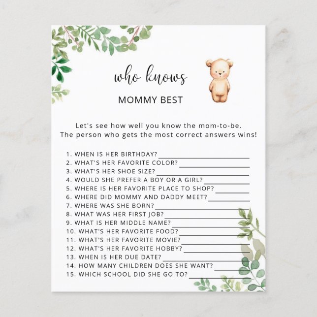 Lámina Floral de oso Quién conoce mejor a mamá (Anverso)