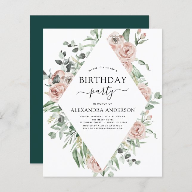 Lámina Floral del partido de cumpleaños verde de esmerald (Anverso / Reverso)