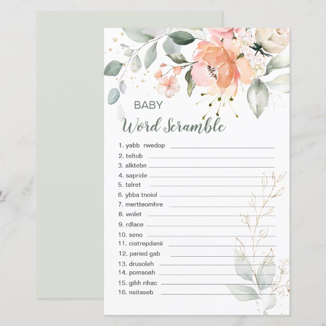 Lámina Floral Foliage Bebé Palabras de juego Scramble Hoj (Anverso / Reverso)