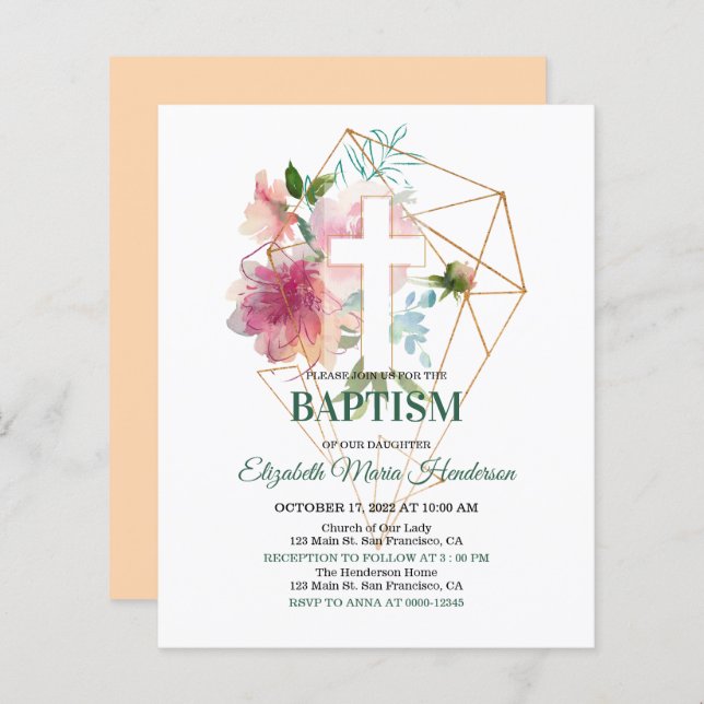 Lámina Floral & Gold/BUDGET - Invitación al bautismo Chic (Anverso / Reverso)