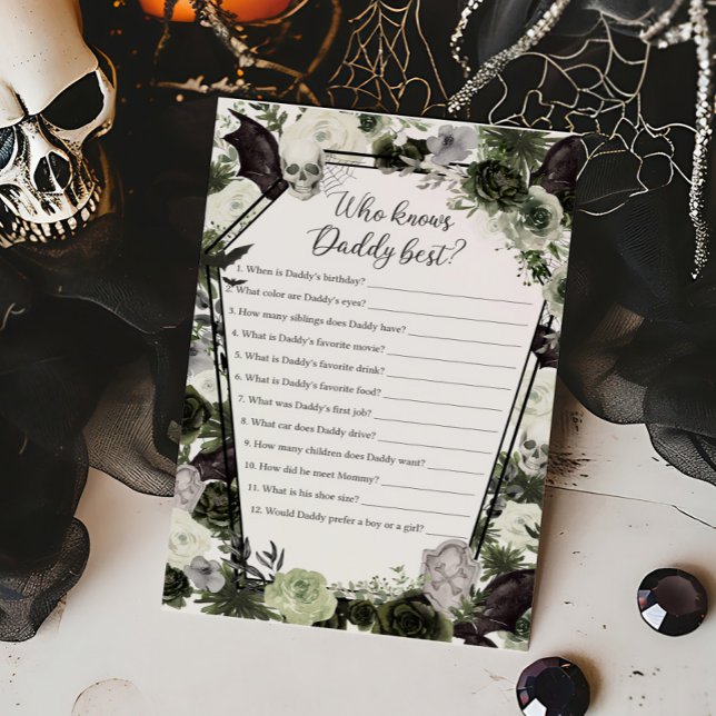 Lámina Floral Gothic quién conoce a papi mejor juego (Floral Gothic Coffin Baby Shower Who knows Daddy Best Game)