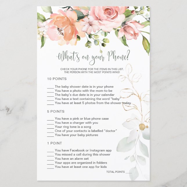 Lámina Floral Greenery Baby Qué hay en tu juego de teléfo (Anverso)