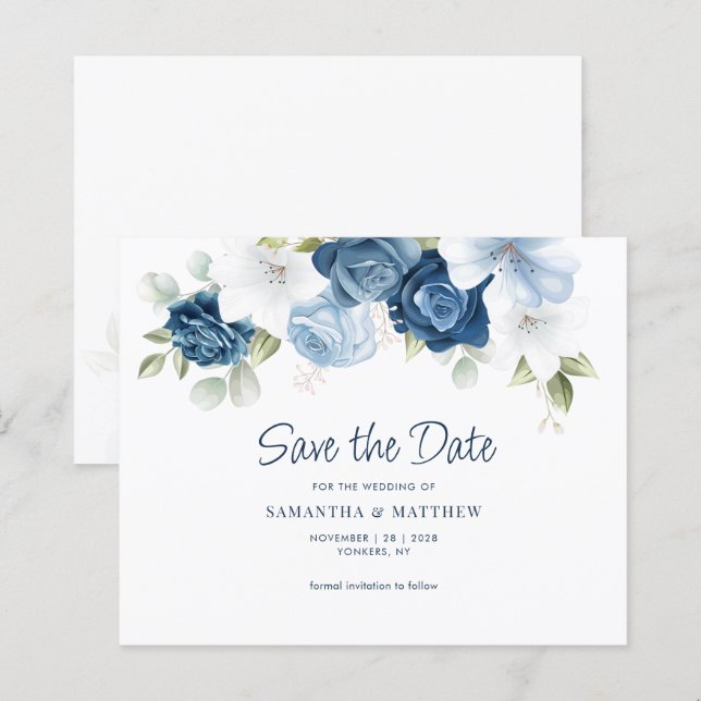 Lámina Floral Greenery Dusty Blue Save the Date (Anverso / Reverso)