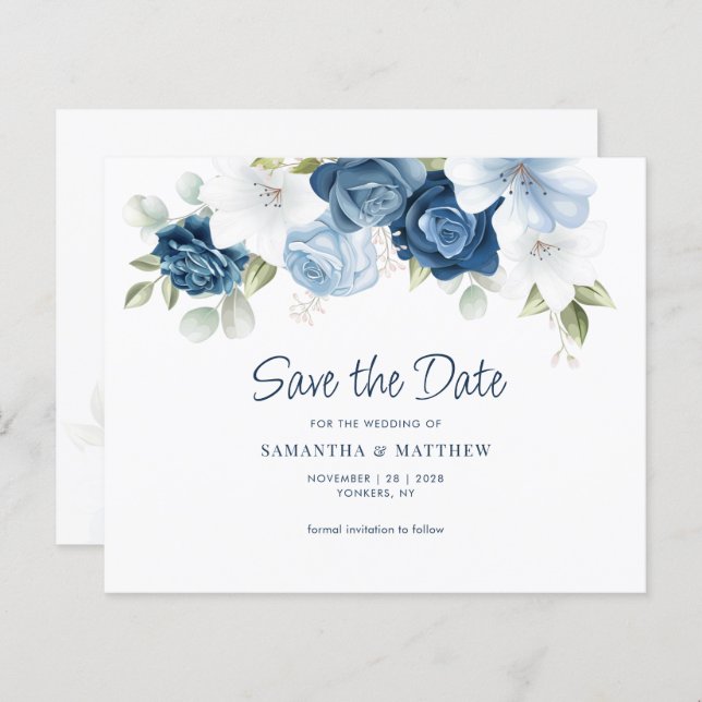 Lámina Floral Greenery Dusty Blue Save the Date (Anverso / Reverso)