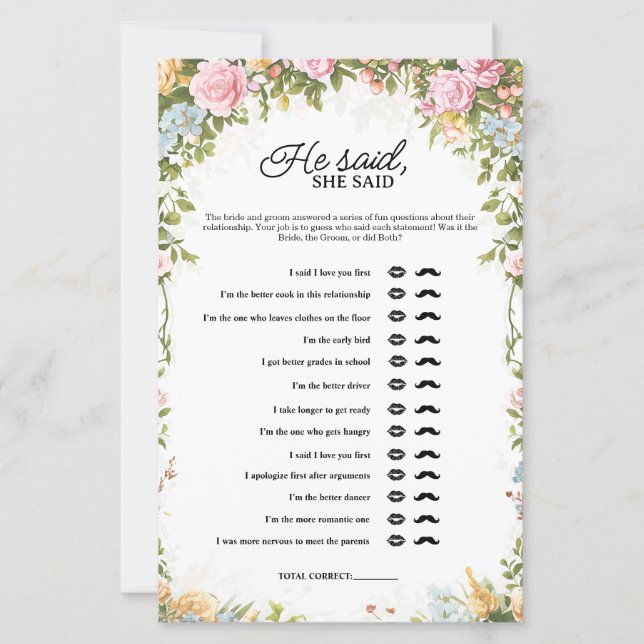 Lámina Floral He Said She Said Bridal Shower Game (Anverso)