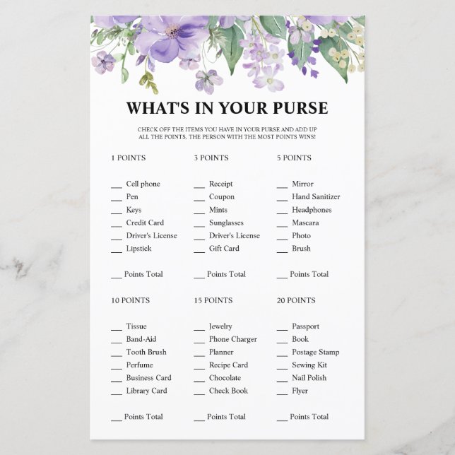 Lámina Floral Lo Que Hay en Tu Bolso Fiesta de Despedida  (Anverso)