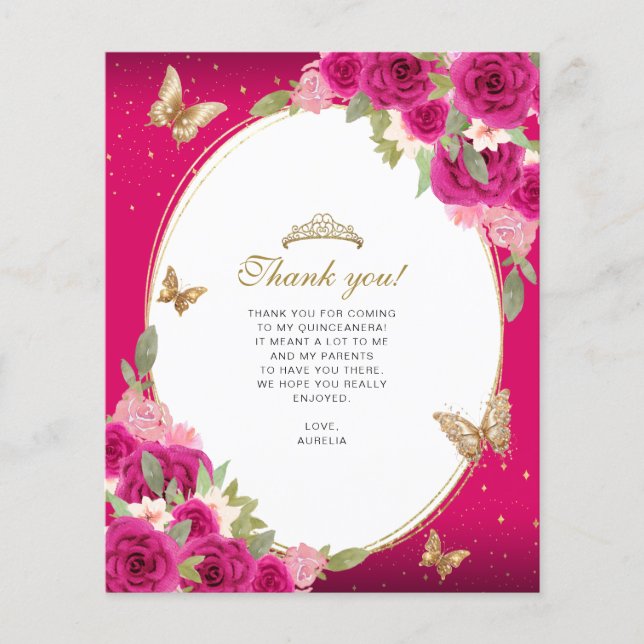 Lámina Floral Oro rosa Tiara Mariposa Quinceañera Foto (Anverso)