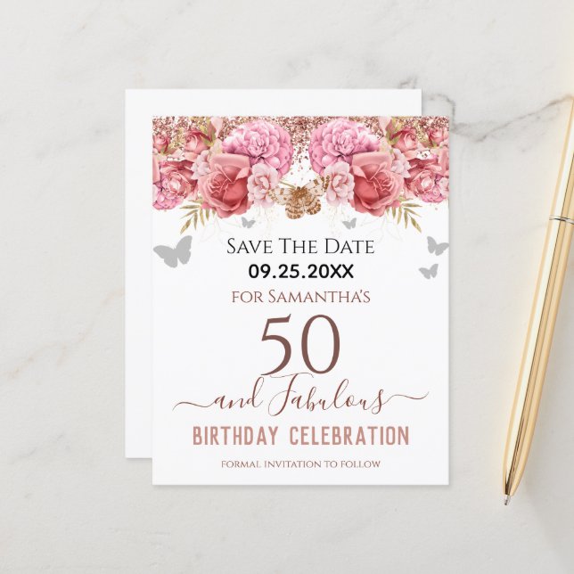 Lámina Floral Pink 50 cumpleaños Save the Date (Anverso/Reverso In Situ)