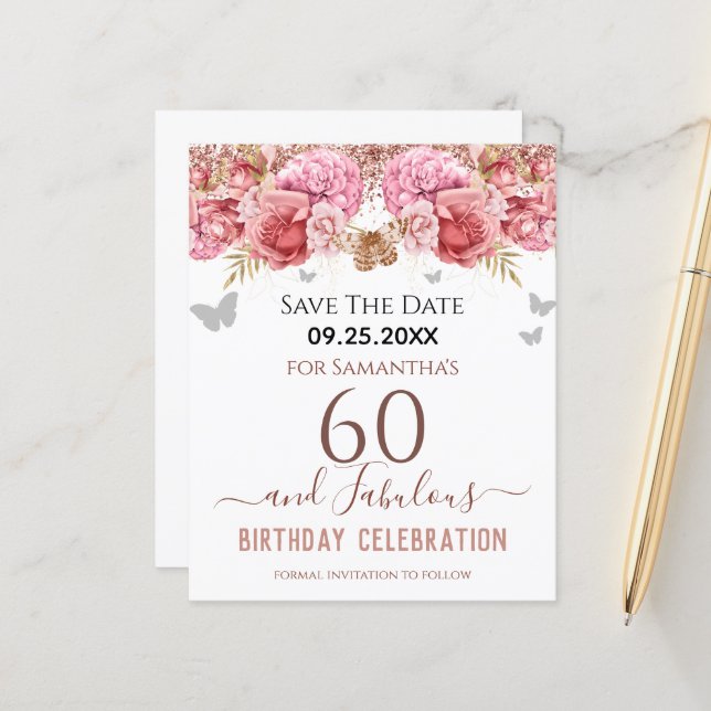 Lámina Floral Pink 60th Birthday Save the Date (Anverso/Reverso In Situ)