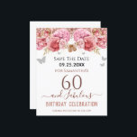 Lámina Floral Pink 60th Birthday Save the Date<br><div class="desc">Purpurina,  fondo rosa milenario,  con tipografía de nombre de guión sofisticado. Feliz 60 y fabulosa plantilla de diseño de cumpleaños. Roses rosados y borde superior de la mariposa. Excelente para las celebraciones del 60. Guarda el recordatorio de celebración de fecha.</div>