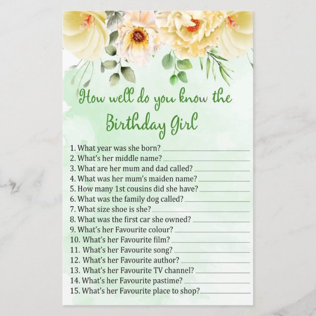 Lámina Floral ¿Qué tan bien conoces al chica de cumpleaño (Anverso)