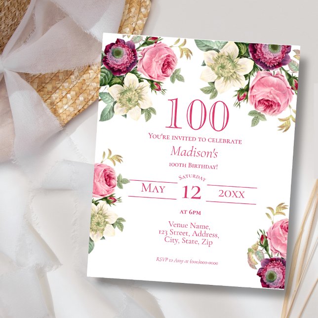 Lámina Floral rosa | 100ª invitación al cumpleaños del pr (Subido por el creador)