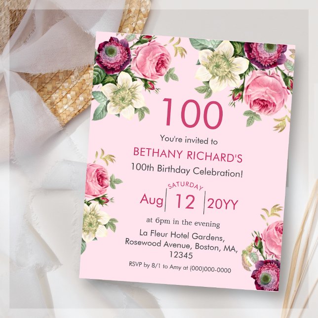 Lámina Floral rosa | 100ª invitación al cumpleaños del pr (Subido por el creador)