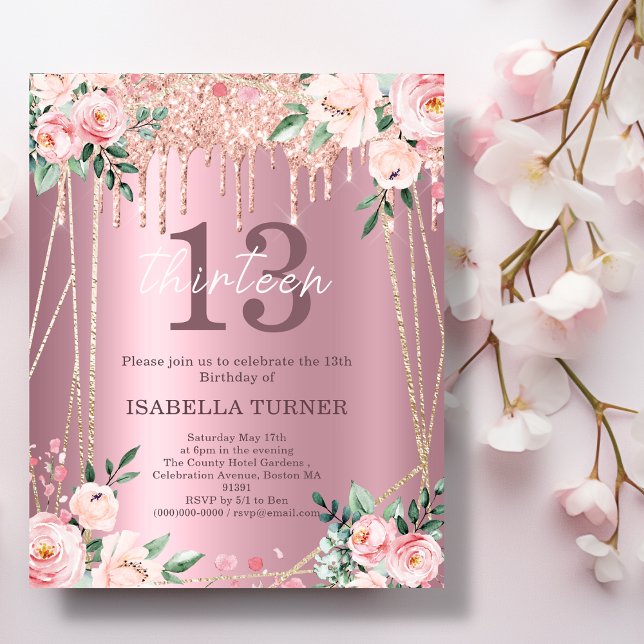 Lámina Floral rosa | Purpurina 13.ª invitación de cumplea (Subido por el creador)