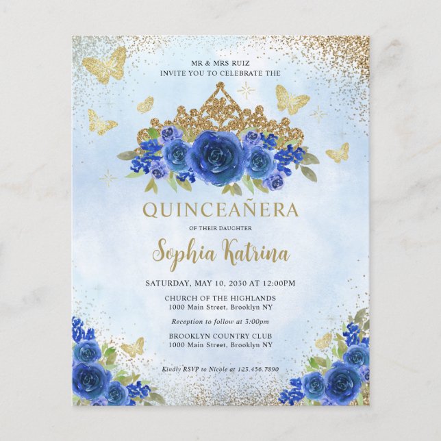 Lámina Floral Royal Blue Gold Tiara Quinceañera (Anverso)