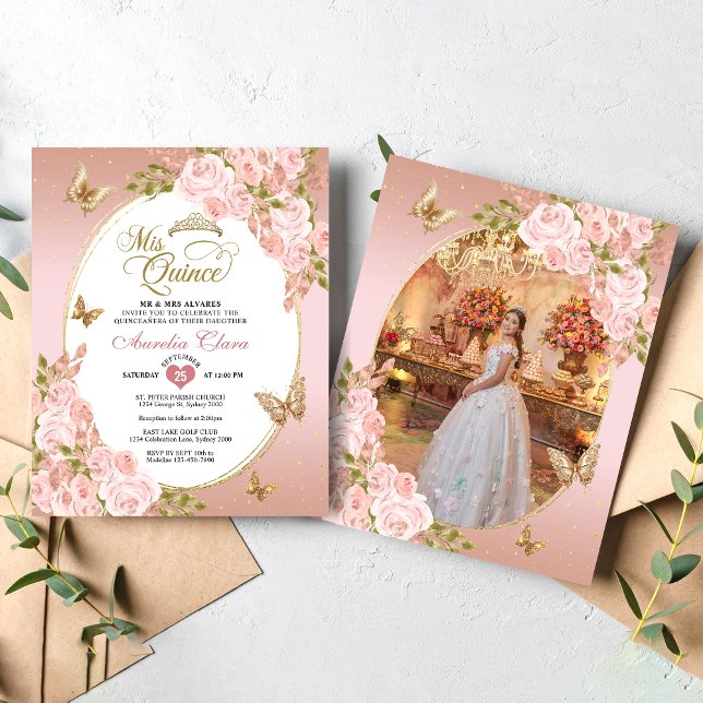 Lámina Floral Rubor Pink Gold Butterfly Foto Quinceañera (Subido por el creador)