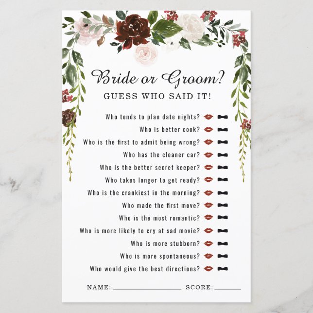 Lámina Floral rústica | Boho Botanical Bridal Shower Game (Anverso)